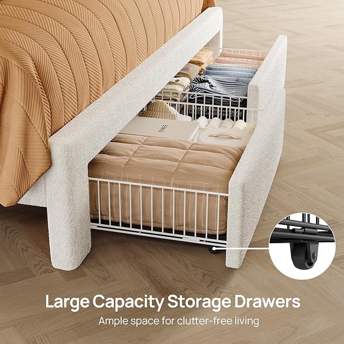 Rolanstar Queen Bed Frame with Drawers, Storage Headboard with Charging Station and LED Lights, Upholstered Bed with Heavy Duty Wood Slats, No Box Spring Needed, Noise Free, Easy Assembly, Beige