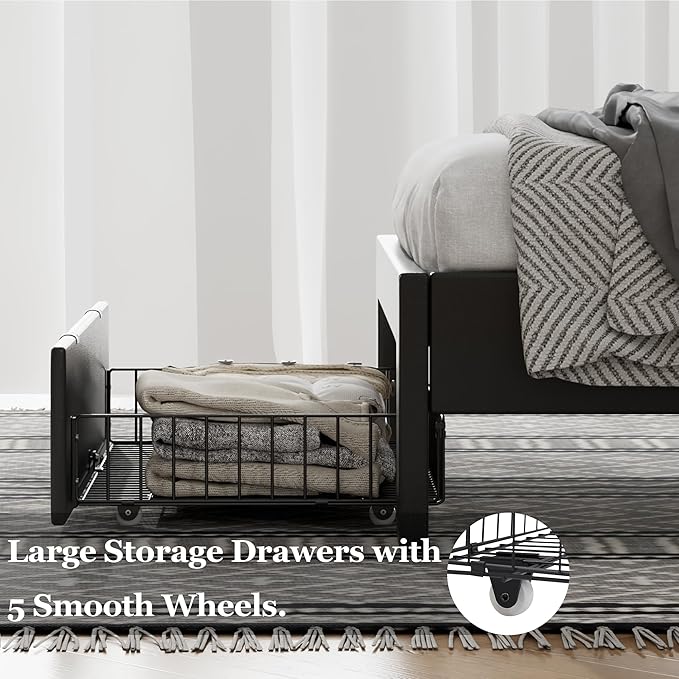 VECELO Twin Size Bed Frame with Storage Drawers, Leather Upholstered Bedframe with Diamond Tufted Headboard, Solid Wood Slat Support, No Box Spring Needed, PU Black