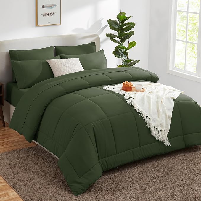 CozyLux Queen Comforter Set Olive Green, 7 Pieces Bed in a Bag, Green Comforters Queen Size, All Season Bedding Sets with Stitch Quilted Comforter, Flat Sheet, Fitted Sheet, Pillowcases