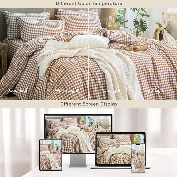 MooMee Gingham Duvet Cover Set 100% Washed Cotton Linen Like Textured Breathable Durable Soft Comfy Modern Checkered Design (Dark Orange Gingham, Twin 68"x90")