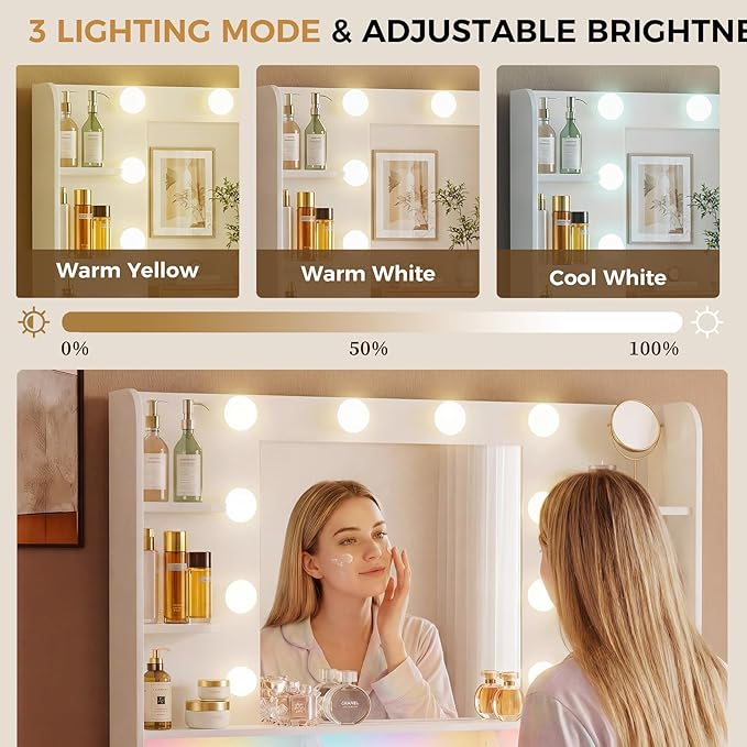 LUCKRACER Vanity Desk with LED Lights Mirror & Charging Station, White Makeup Vanity with Storage Drawers and Shelves, Modern Dressing Table for Women Girls Bedroom, White