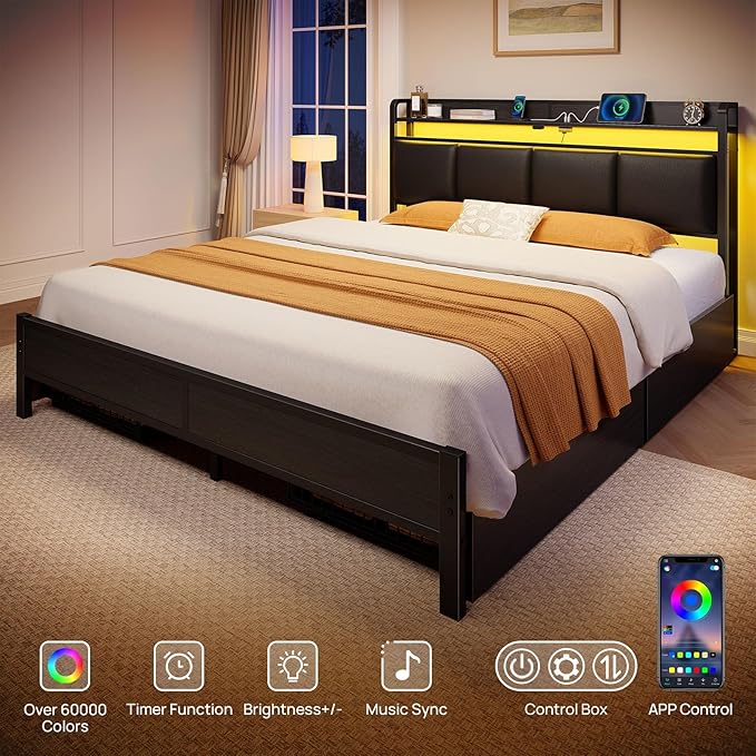 Rolanstar Bed Frame Full Size with Charging Station and LED Lights, Upholstered Storage Headboard with Drawers, Heavy Duty Metal Slats, No Box Spring Needed, Easy Assembly, Black