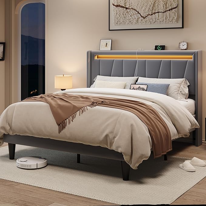 Allewie Queen Size LED Bed Frame with Charging Station, Velvet Upholstered Platform Bed with Geometric Wingback Headboard, Modern Frame with No Box Spring Needed, Easy Assembly, Grey