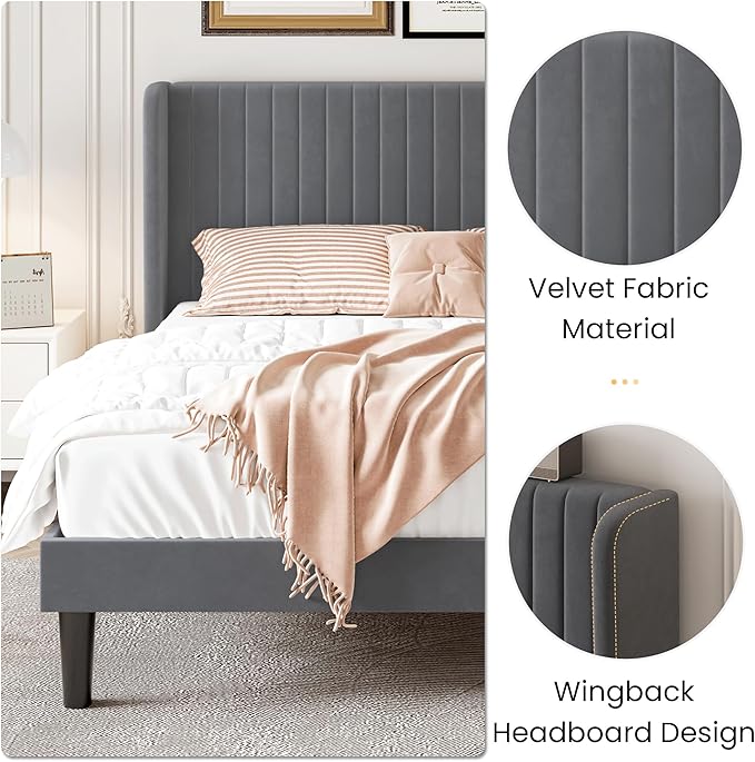 SHA CERLIN King Size Velvet Bed Frame with Vertical Channel Tufted Wingback Headboard, Upholstered Platform Bed with Wood Slats, No Box Spring Needed, Easy Assembly, Grey