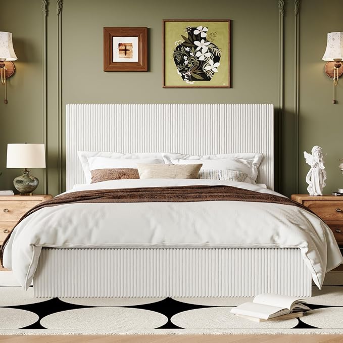 Allewie Full Bed Frame, Upholstered Platform Bed, Adjustable Vertical Channel Tufted Headboard, Corduroy Fabric, Modern Low Profile, Wooden Slats, No Box Spring Needed, Easy Assembly, White