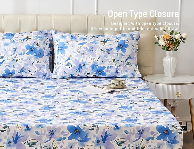 Sunflower Queen Pillowcases Set of 2, 100% Cotton Queen Size Pillow Cases 2, 20×30 inches Blue Bloom, Soft and Breathable