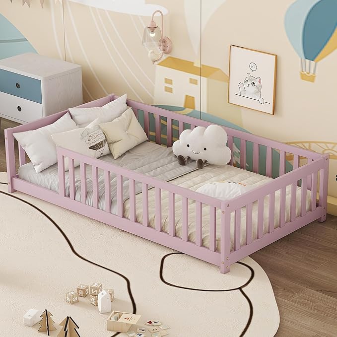 Bellemave Twin Floor Bed with Slats and Safety Guardrails, Twin Size Montessori Floor Bed with Fence and Without Door, Easy Assemble Montessori Beds Frame for Girls, Boys, Pink