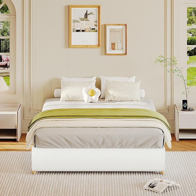 GarveeHome Full Size Cloud Bed Frame，Corduroy Low Bed Frame Without Headboard, Thick Fabric Upholstered Platform Bed, Solid Wood Legs, No Box Spring Needed, Never Squeak, Easy Assembly, White