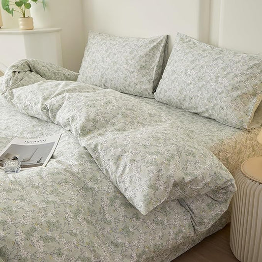 VM VOUGEMARKET Vintage Green Flower Duvet Cover Set Queen Fresh Botanical Bedding Set 100% Cotton Reversible Vintage Comforter Cover with Zipper&Ties