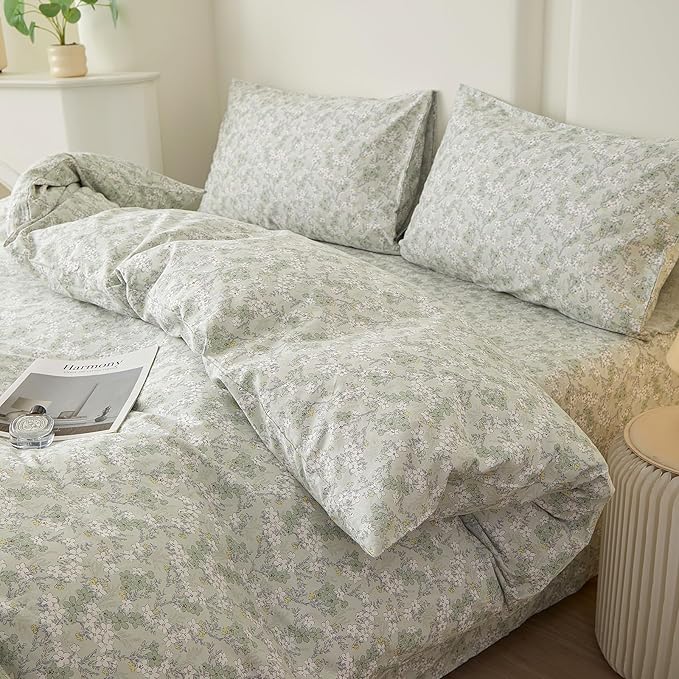 VM VOUGEMARKET Twin Duvet Cover Set with Green Flower Pattern,Pure Cotton Bedding Set Vintage Floral Prints Comforter Cover Conquette Cottagecore Bedding for Teen Girls