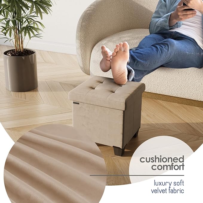 Storage Ottoman Cube with Small Bin, 15-in Square Ottoman with Storage for Living Room and Bedroom, Small Ottomans Foot Rest, Velvet Foot Stools Ottomans Max 330lbs, Taupe