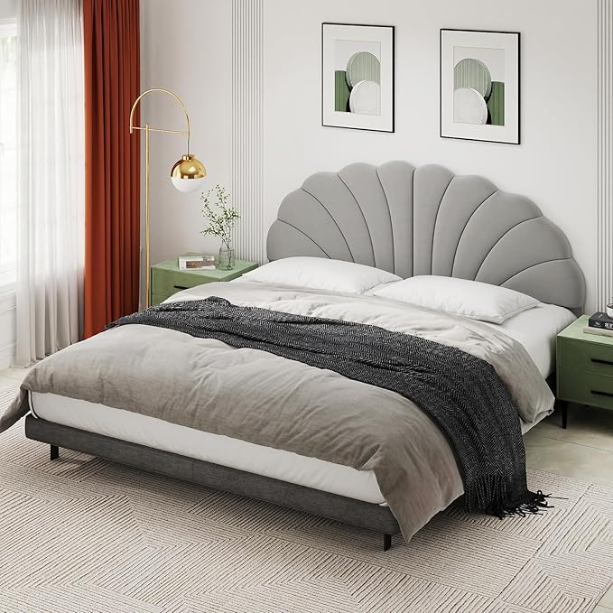 Befurtori King Size Headboard Only, Petal Wall Mount Headboard King/California King Size for Adjustable Bed Velvet Upholstered Head Board Easy Assembly, Gray
