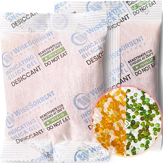 Wisesorb [10 Packs] 50g Desiccant Packs, Indicating Silica Gel Packets, Rechargeable Desiccant Packs, Desiccant Moisture Absorber for Storage