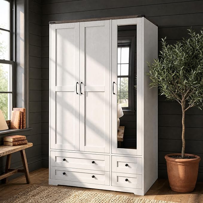 Yechen 71" Wooden Armoire Wardrobe Closet with Mirror and 4 Drawers, 3-Door Modern Functional Clothes Tall Storage Cabinet with 4 Adjustable Shelves and Hanging Rod, Freestanding Wardrobes for Bedroom