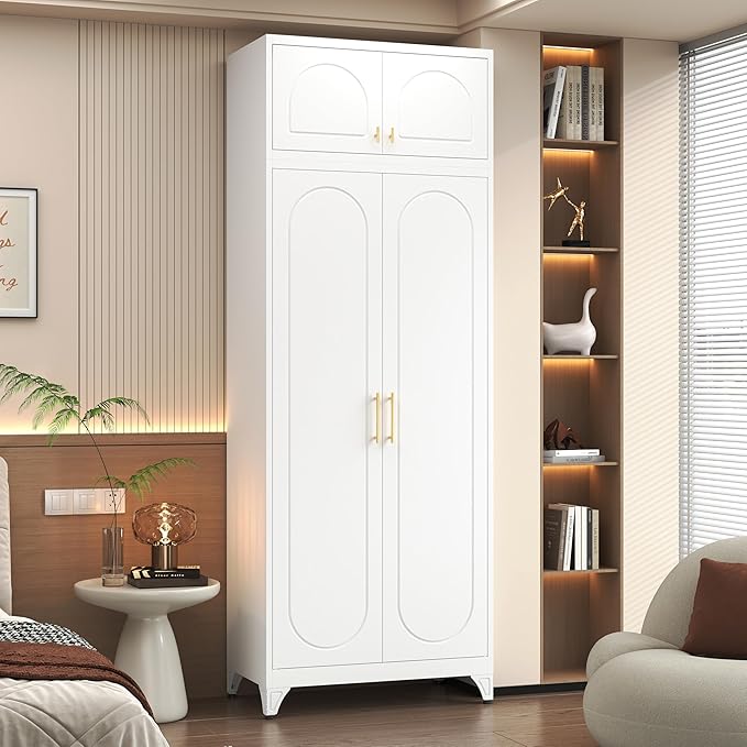 Polup Armoire Wardrobe Closet with Hanging Rod, 86 Inch Tall Metal Wardrobe Cabinet, Metal Armoire with Doors, Large Freestanding Wardrobes for Bedroom, 18"D x 32"W x 86"H, White, Assemble Required