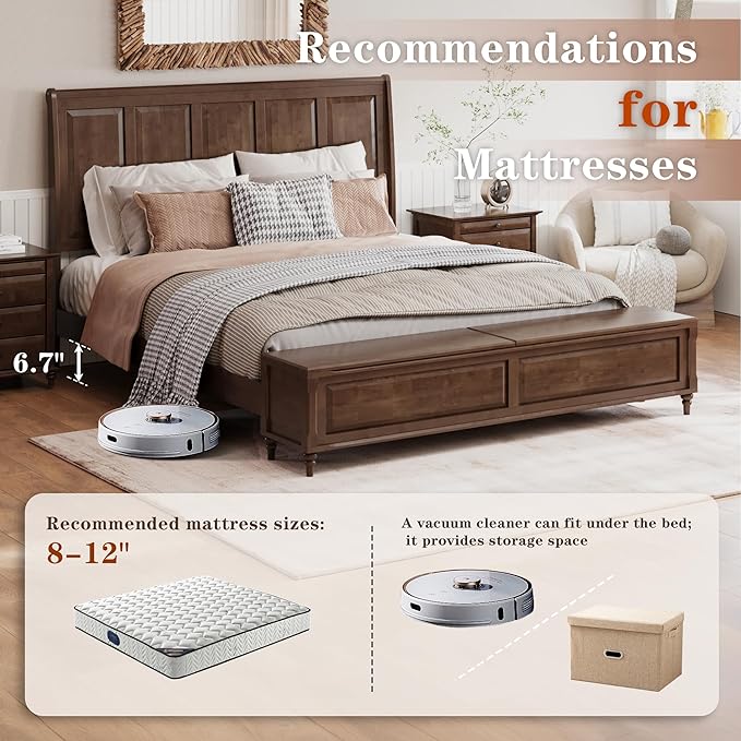 KEIKI King Size Platform Bed Frame with Storage Chest, Wooden Sleigh Bed with High Headboard and Footboard Storage Bench, Solid Wood Construction, No Box Spring Needed, Walnut Brown