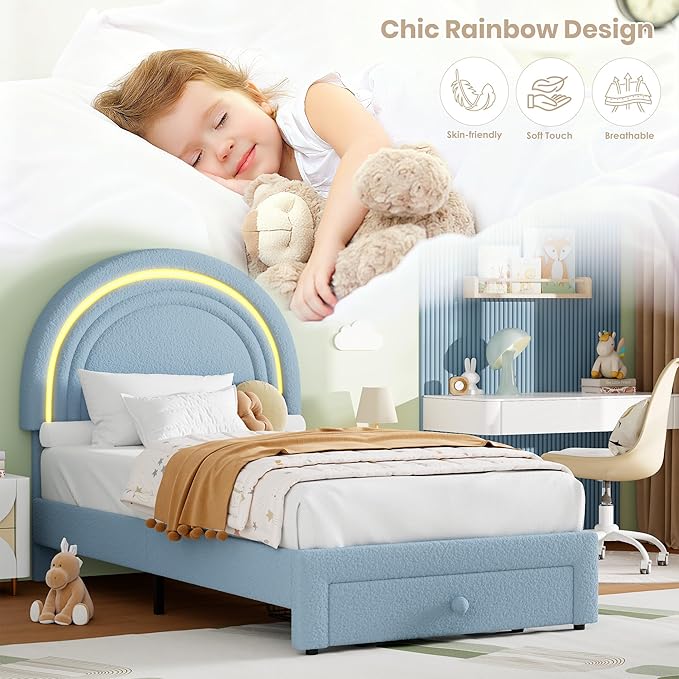 GarveeHome Twin Upholstered LED Bed Frame - with Storage Drawer and Rainbow Headboard, Berber Fleece Princess Platform Bed for Kids, Solid Wood Slats Support, No Box Spring Needed, Easy Assembly, Blue