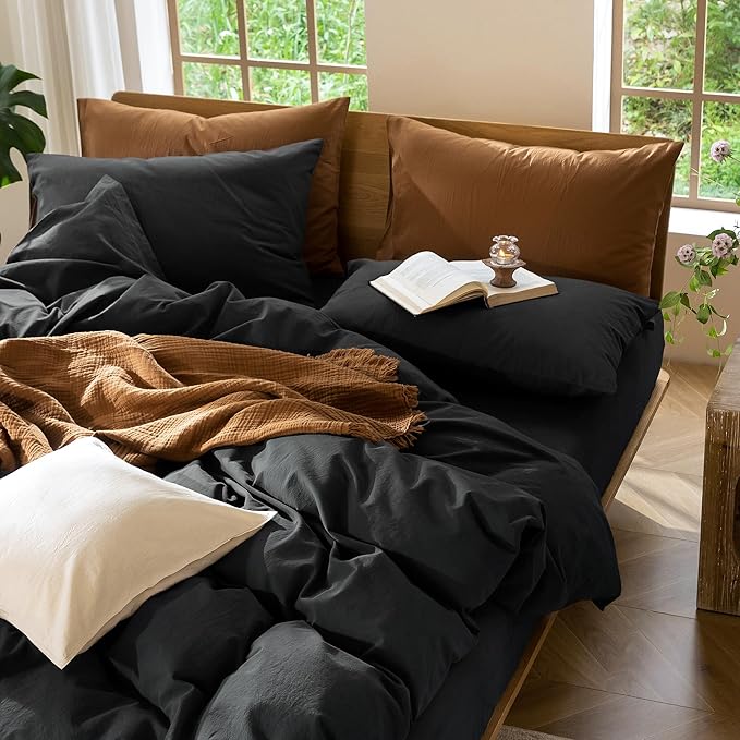 MooMee Bedding Duvet Cover Set 100% Washed Cotton Linen Like Textured Breathable Durable Soft Comfy (Solid Black, Super King Plus 120"x120")
