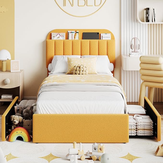 IDEALHOUSE Twin Bed Frame for Kids, Boucle Upholstered Platform Bed for Boys/Girls with 2 Flexible Drawers, Bookcase Headboard, Noise-Free, Easy Assembly, No Box Spring Needed, Yellow