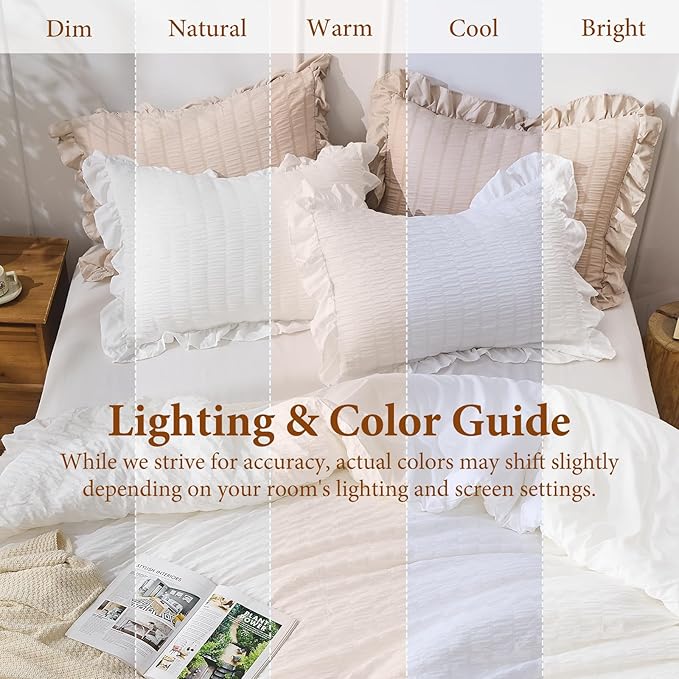 JOLLYVOGUE White Comforters Queen Size, 3 Pieces Ruffle Seersucker Queen Comforter Set for All Season, Lightweight Soft Shabby Chic Bedding Sets for Women（1 Comforter, 2 Pillowshams）