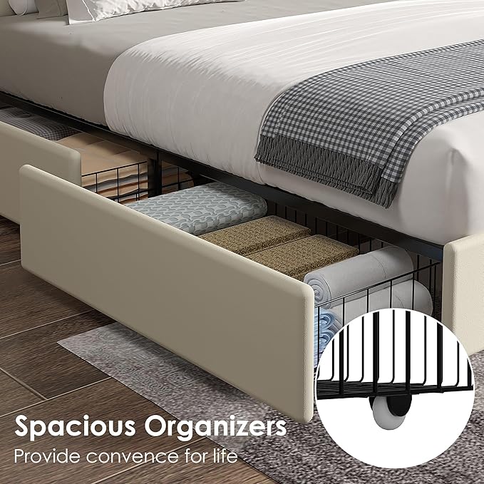VECELO King Size Upholstered Bed Frame with 4 Storage Drawers, Adjustable Velvet Rivet Decor Headboard, Wooden Slats Platform Support, No Box Spring Needed, Easy Assembly,Beige