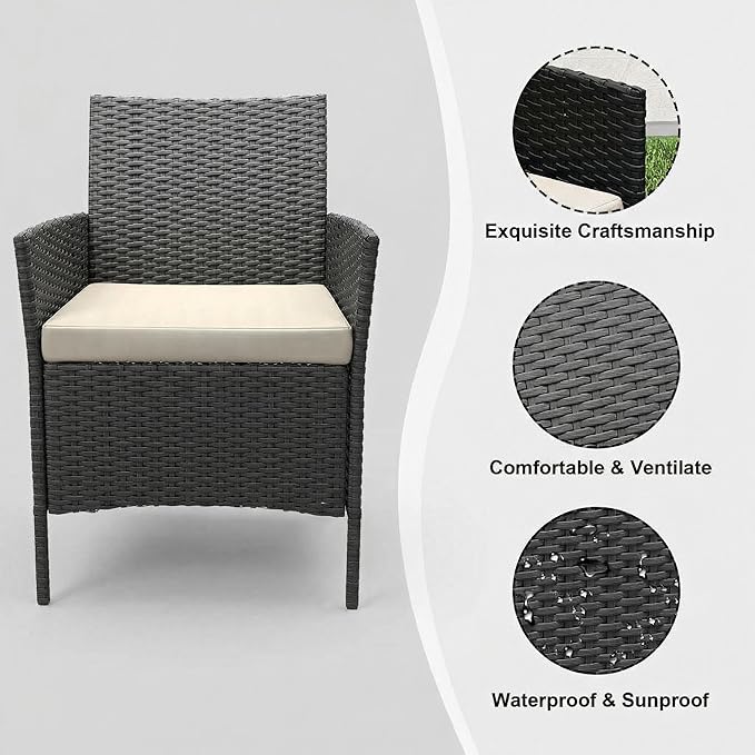 GarveeHome 3-Piece Patio Bistro Set, PE Rattan Outdoor Conversation Furniture with 2 Cushioned Chairs & Coffee Table, Weather-Resistant for Backyard, Balcony, Porch (Beige Cushion)