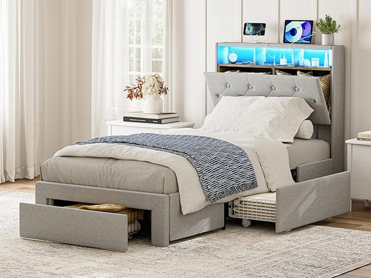 Twin XL Bed Frames with Storage Drawers, Hidden Storage Headboard with LED Lights & Charging Station, Upholstered Twin XL Platform Bed, No Box Spring Needed, Noise-Free, Light Grey
