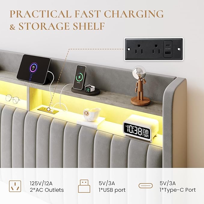 SHA CERLIN Full Size Lift Up Storage Bed Frame/LED Lights/Charging Station/2-Tier Shelves Headboard/USB,Type-C Ports/Velvet Upholstered/Hydraulic Support/No Box Spring Needed/Noise Free/Gray