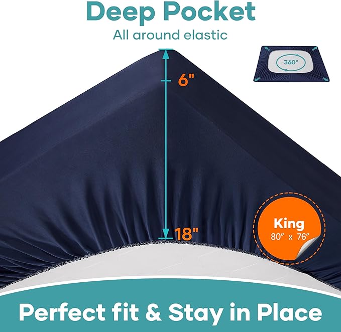 OhGeni 100% Waterproof Mattress Protector, Fitted Sheet with Deep Pockets, Premium Noiseless Breathable Soft Material, Mattresses Cover for Bed, Navy Blue, King
