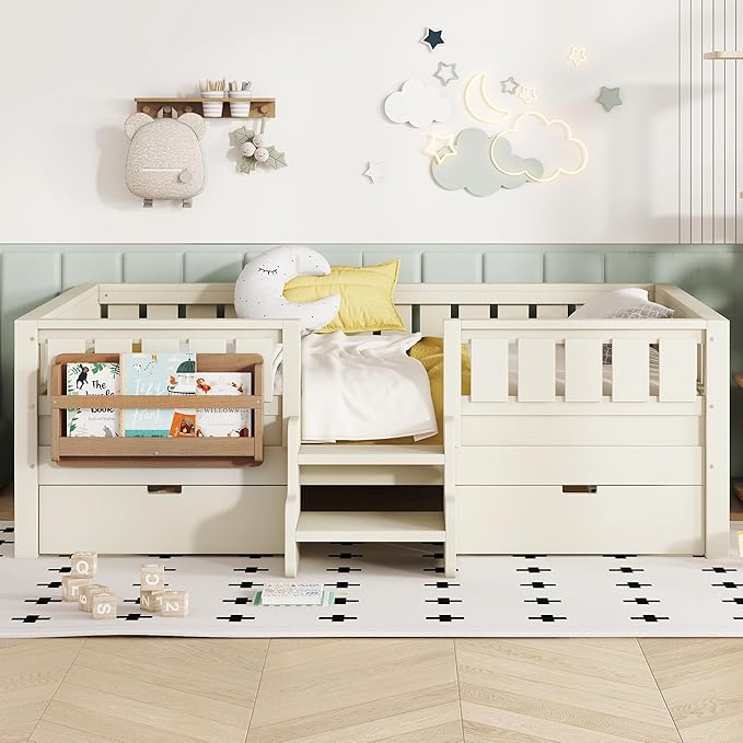 Bellemave Full Size Kids Montessori Bed with Stairs and Bookshelf,Solid Wood Full Size Kids Bed Frame with Drawers and Storage for Girls Boys,Low-Profile,Beige