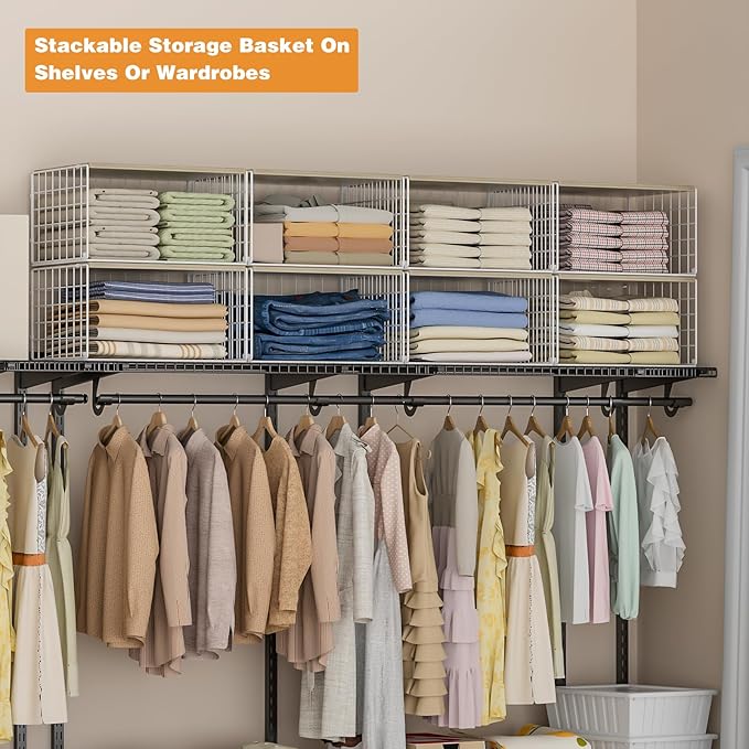 Extra-Long, Low-Profile Closet Organizers and Storage with Wood Top, 3 Pack Stackable Closet Shelf Organizer, Space-Saving Clothes Storage Bin for Wardrobe & Bedroom & Small Spaces, Sturdy (White)