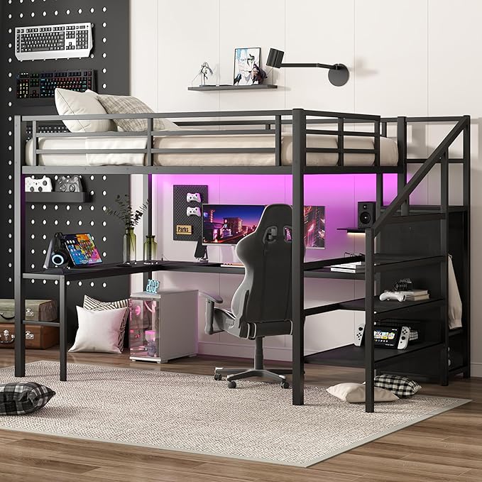 Queen Size Loft Bed with Desk and Wardrobe, Metal Heavy Duty Loft Bed with Storage Stairs, LED Lights, USB Port, LoftBed Frames for Kids, Junior, Space Saving, Noise Free (Black, Queen)