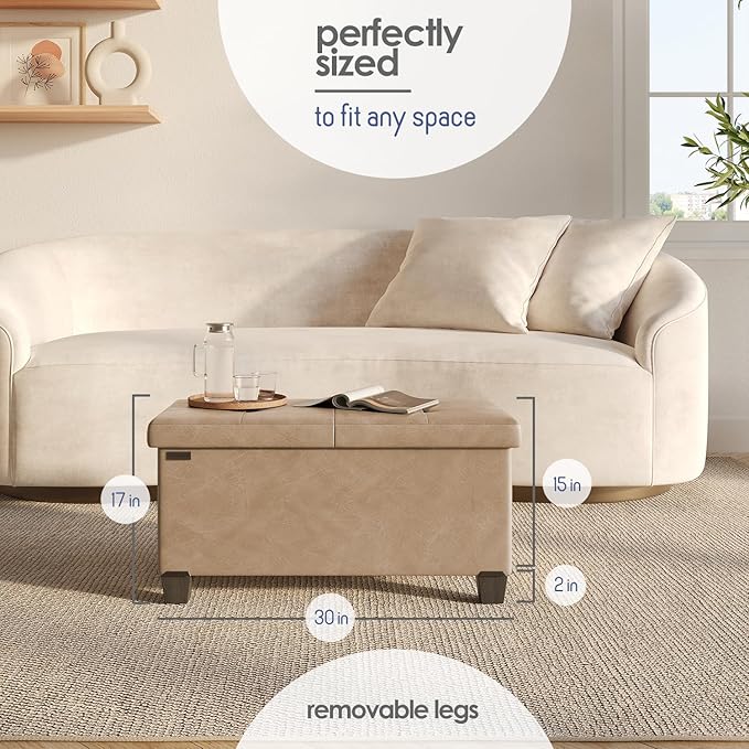 Storage Ottoman Bench with Bins, 30-in Storage Bench for Bedroom End of Bed, Folding Foot Rest Ottoman for Living Room Max 660lbs, Leather Ottomans, Taupe