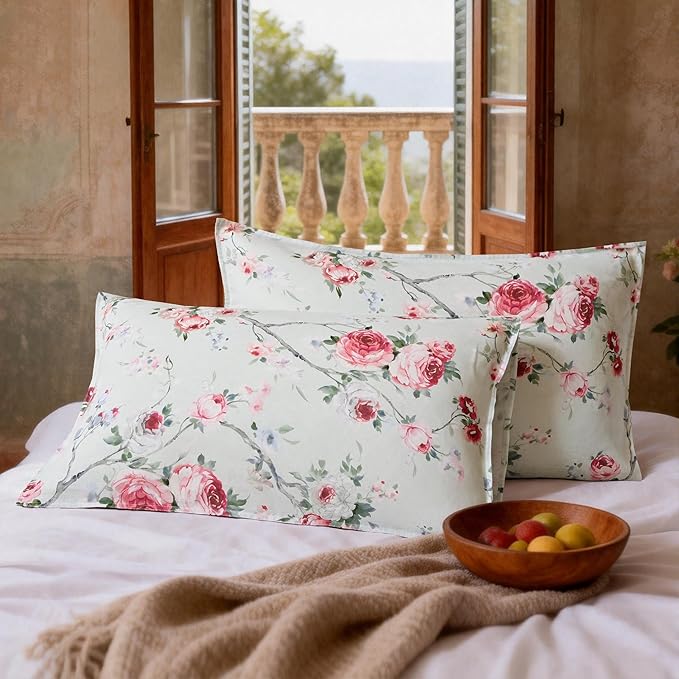 CHUFFED 100% French Linen Pillow Cases Pink Rose Print, Farmhouse Floral Stone Washed Pillow Shams with Envelope Closure Soft Breathable Vintage Pillow Covers for Decor,20x30 inches