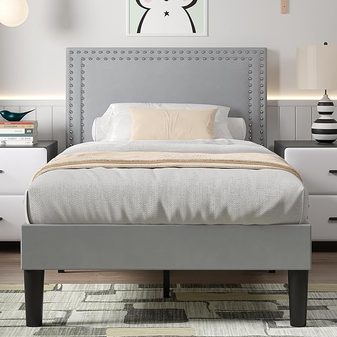 VECELO Twin Size Platform Bed Frame with Height Adjustable Upholstered Headboard, Modern Mattress Foundation,Strong Wood Slat Support, No Box Spring Needed, Easy Assembly,Light Grey