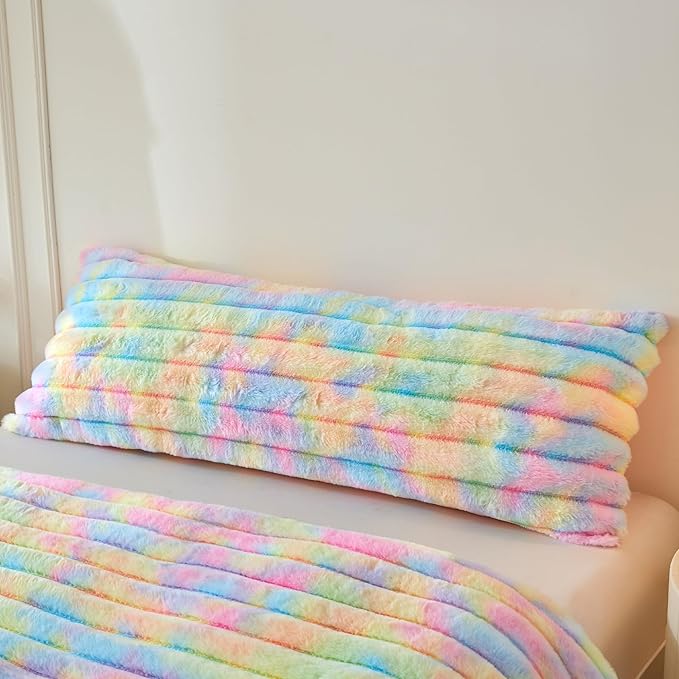 MEGO Faux Rabbit Fur Body Pillow Cover 20x54, Soft Fluffy Plush Fuzzy Striped Tie Dye Bed Pillowcase, Cozy Furry Zippered Long Bolster Pillow Case for Bedroom Pregnant Women Side Sleeper, Rainbow