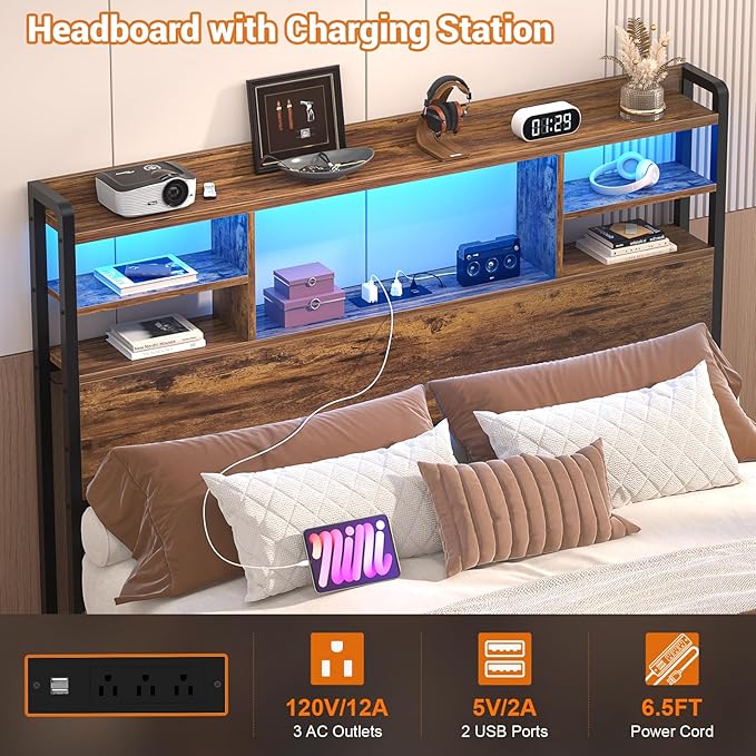 Aheaplus Headboard for Twin Size Bed with Storage, Headboards with LED Light, Power Outlets, USB Ports Twin Size Head Board, Wood headboard Only Sturdy and Stable Headboards, Rustic Brown