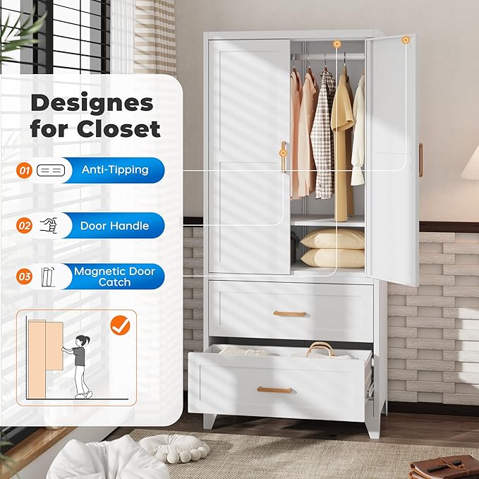 INTERGREAT 71” H Metal Wardrobe Cabinets with 2 Doors, Large Clothing Storage Cabinets with Hanging Rod and Adjustable Shelves, Closet for Home Living (White)