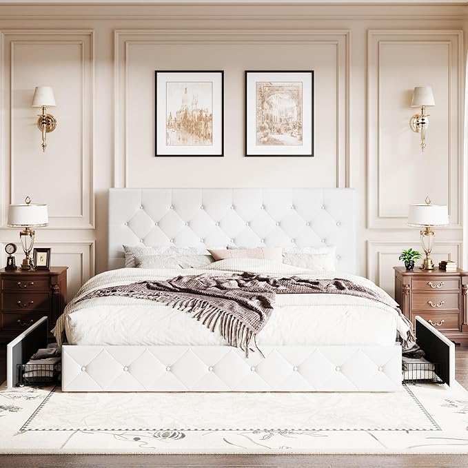 SHA CERLIN Upholstered King Platform Storage Bed Frame with 4 Drawers, Adjustable Headboard with Faux Leather Diamond Button Tufted Design, Wooden Slat Support, No Box Spring Needed, White