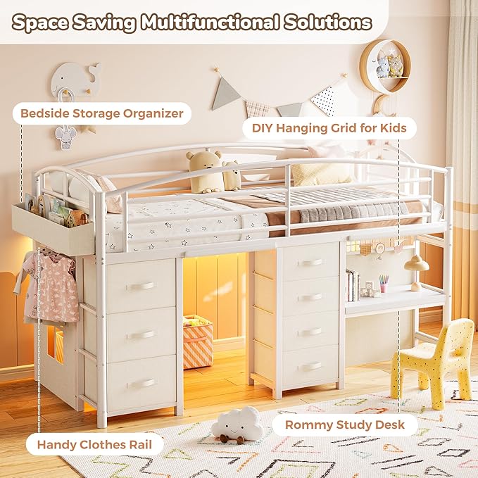 Low Loft Bed Twin Size with 7 Storage Drawers, Desk and LED Lights, Heavy Duty Metal Kids Loft Bed with 12" H Safety Guardrail, Anti-Collision Pad, Private Play Curtain, Under-Bed Play Space - White