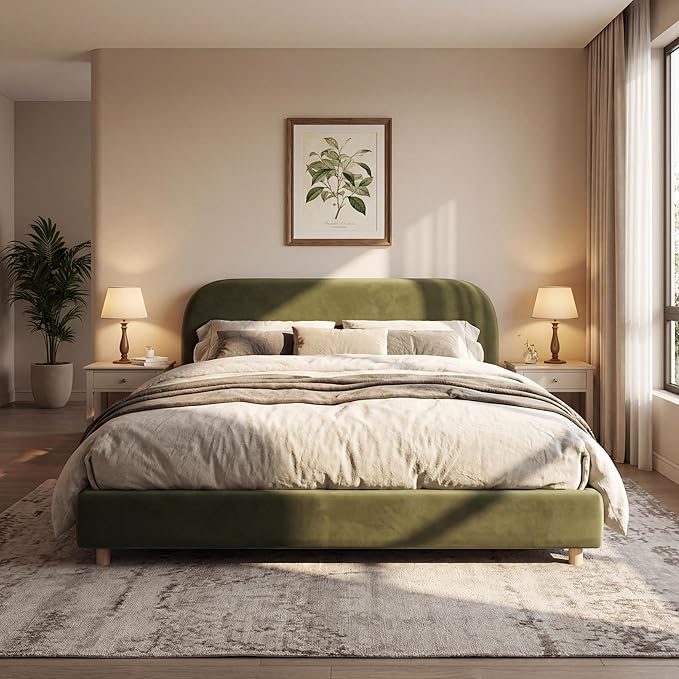 Merax California King Size Teddy Fleece Thick Fabric Upholstered Platform Bed with Curved Shaped Headboard, Wood Bed Frame with Solid Round Legs for Kids Teens Adults, Olive Green