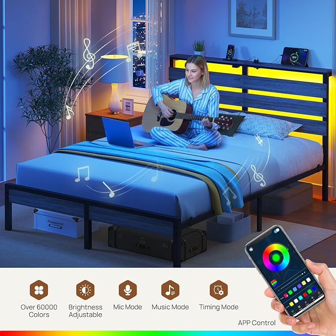 Rolanstar Bed Frame Full Size with USB Charging Station, LED Bed Frame with Wood Storage Headboard, Light Grey Metal Platform Bed with Under Bed Storage, No Box Spring Needed, Noise Free