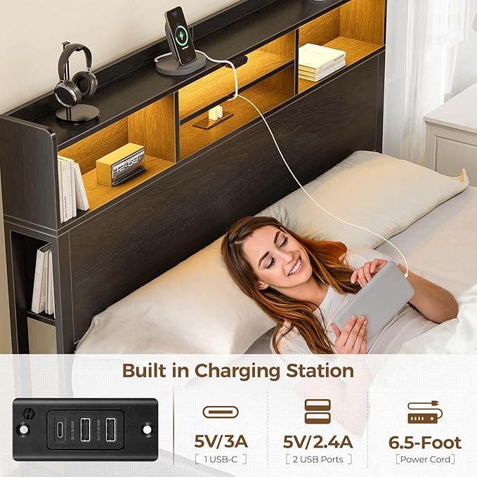 Rolanstar Full Bed Frame with Storage Headboard & 4 Drawers, Metal Platform Bed with Charging Station, LED Single Bed with Side Shelf, No Box Spring Needed, Easy Assembly, Black