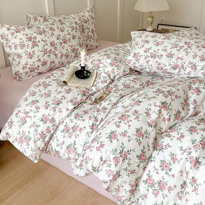 VM VOUGEMARKET Pink Floral Duvet Cover Queen 3 Pieces Cotton Girls Cottagecore Bedding Set,Peach Flower Comforter Cover with Zipper Closure,Vintage Country Bedding 90x90