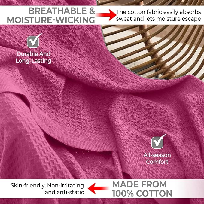 100% Cotton Blankets for Bed - Waffle Weave Blankets for Summer, Lightweight and Breathable Soft Woven Blanket for Spring (Pink, Throw (50" x 60"))