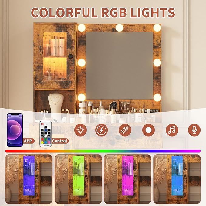 IDEALHOUSE Makeup Vanity Desk with Mirror and Lights, Vanity Table with Charging Station, 2 Open Compartments, 2 Acrylic-Door Cabinets, and RGB Lights Wood Dressing Table for Bedroom