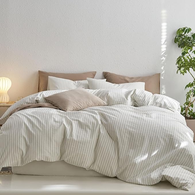 MooMee Striped Duvet Cover Set 100% Washed Cotton Linen Like Textured Breathable Durable Soft Comfy (White Sage Green Wide Stripes, Alaska King 132"x120")