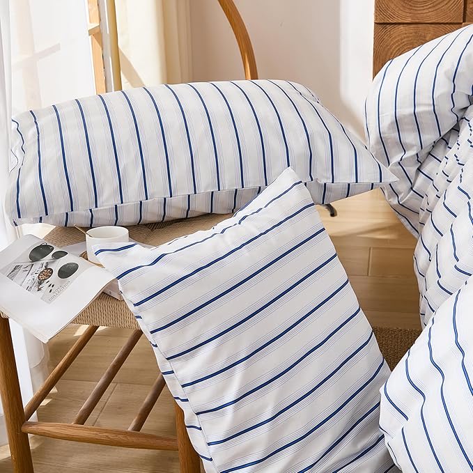 Merryword Queen Size Pillowcases, 100% Cotton Pillow Cases, Blue and White Striped Pillowcases, Luxury Linen Like Pillowcase, Soft Breathable Wide Stripes Pillow Covers, Set of 2
