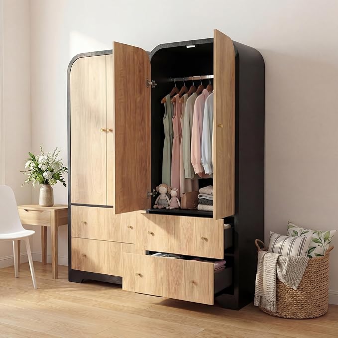 INNOVAR Arched Armoire Wardrobe Closet with 2 Doors,70" Tall Wardrobe Cabinet with 2 Drawers and Hanging Rod,Freestanding Wooden Bedroom Armoires for Bedroom,Gym,Cloak Room,Natural & Black