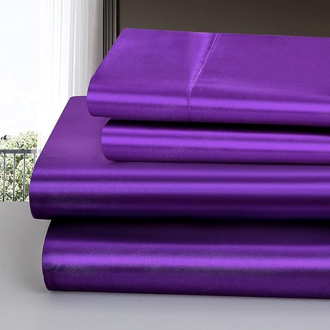 Homiest 3pcs Satin Sheets Set Luxury Silky Satin Bedding Set with Deep Pocket, 1 Fitted Sheet + 1 Flat Sheet + 1 Pillowcase (Twin Size, Purple)